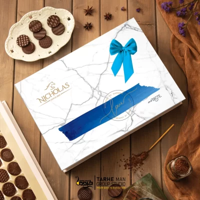 طراحی و چاپ جعبه مقوایی شکلات نیکلاس برای نمایش جذاب در فروشگاه